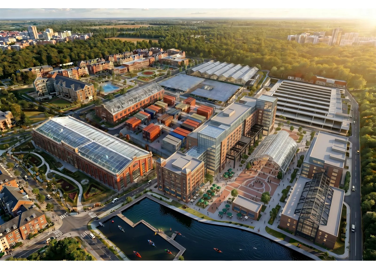 Aerial view of a SET Energy mixed-use energy and data campus at golden hour
