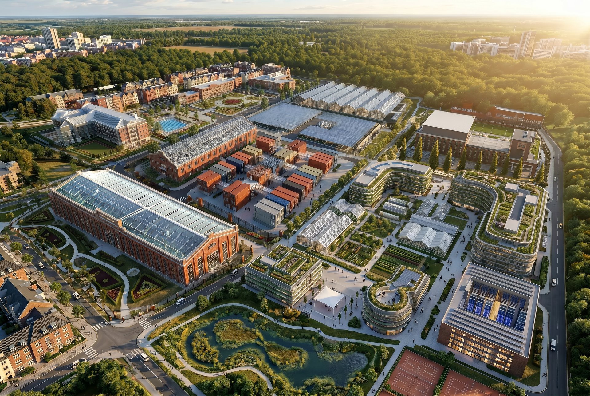 Sustainable mixed-use community campus with clean energy and green space